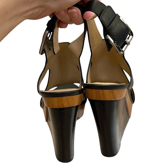 Michael Kors Josephine Wedge Sandals Size 7M Black Leather Wood Look Open Toe - Picture 11 of 12